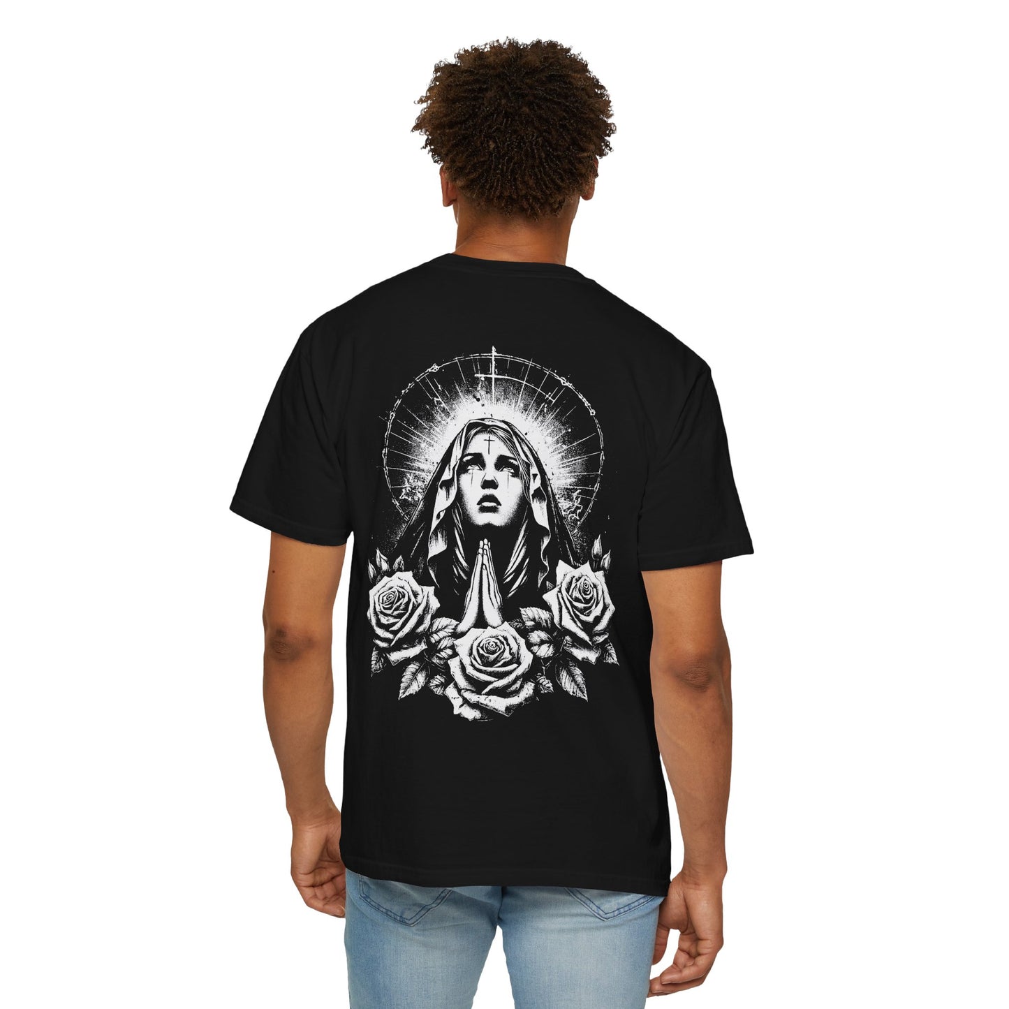 Religious Graphic T-Shirt — Praying Madonna with Roses & Ornate Cross