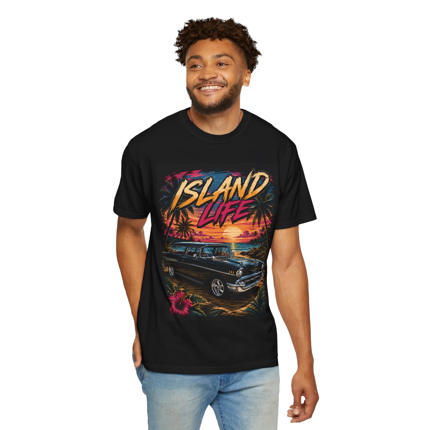 Island Life T-Shirt — Retro Beach Sunset with 57 Chevy Nomad