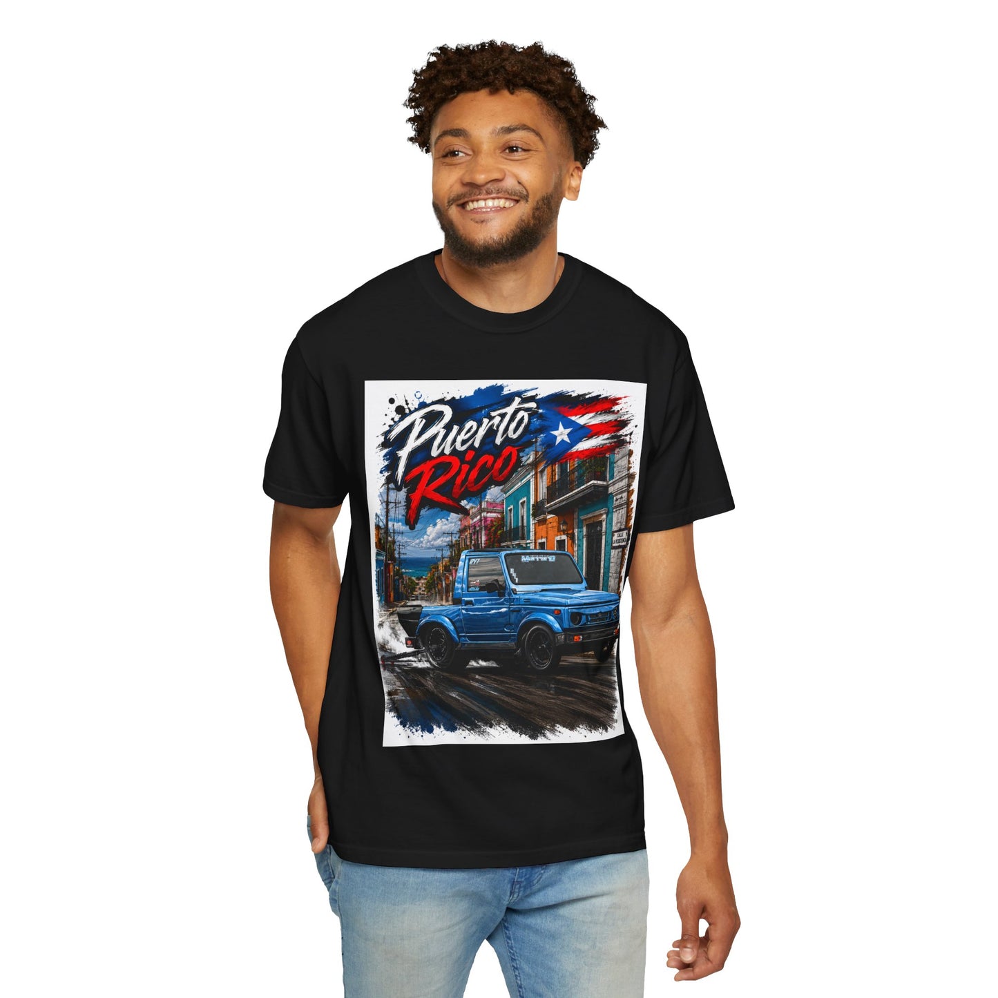 Puerto Rico Blue Samuri T-Shirt — Retro Island Flag Street Scene