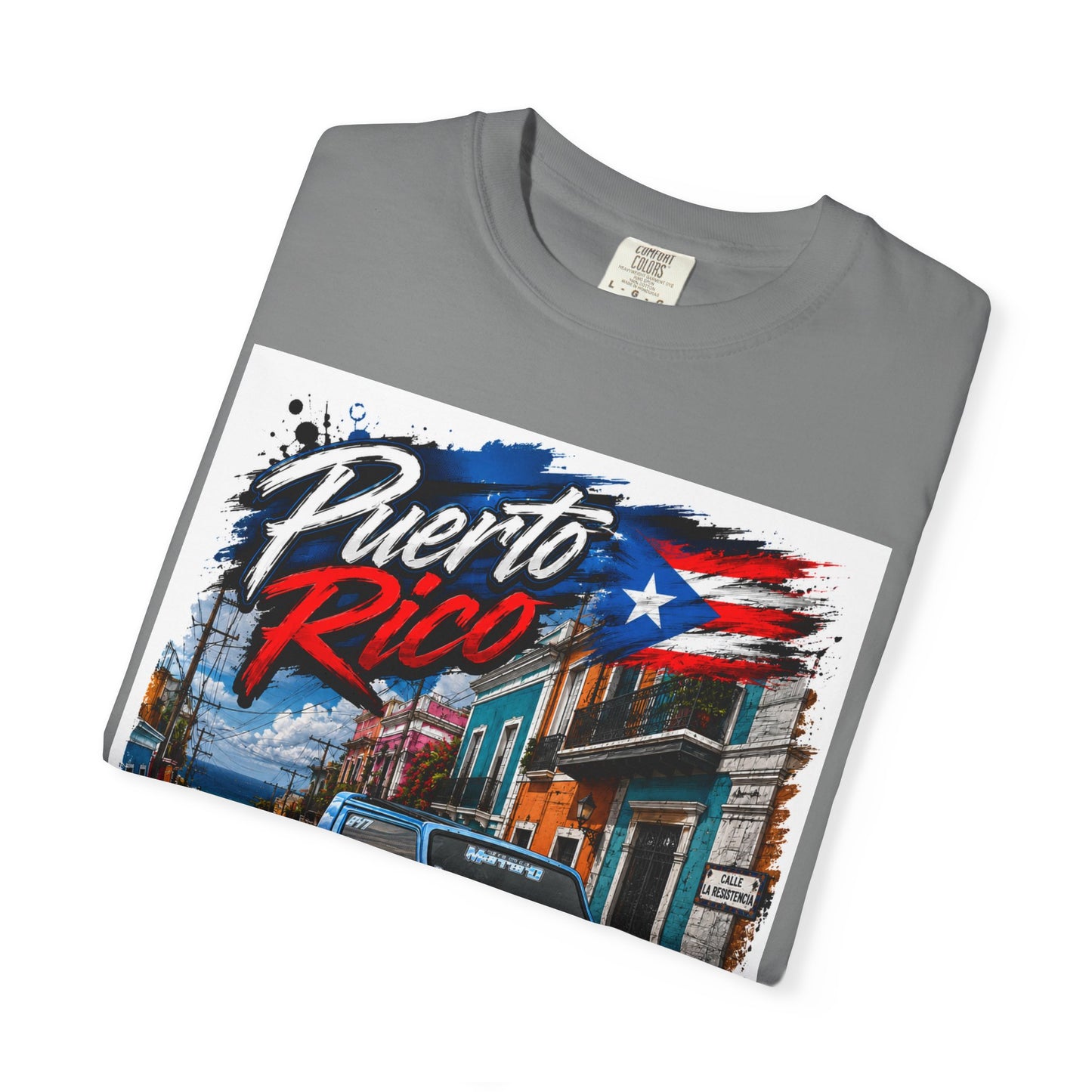 Puerto Rico Blue Samuri T-Shirt — Retro Island Flag Street Scene