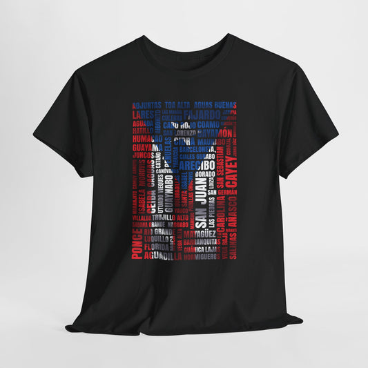 Puerto Rico Town Map Tee — "De Aquí, De Todos Lados" Typography Tribute