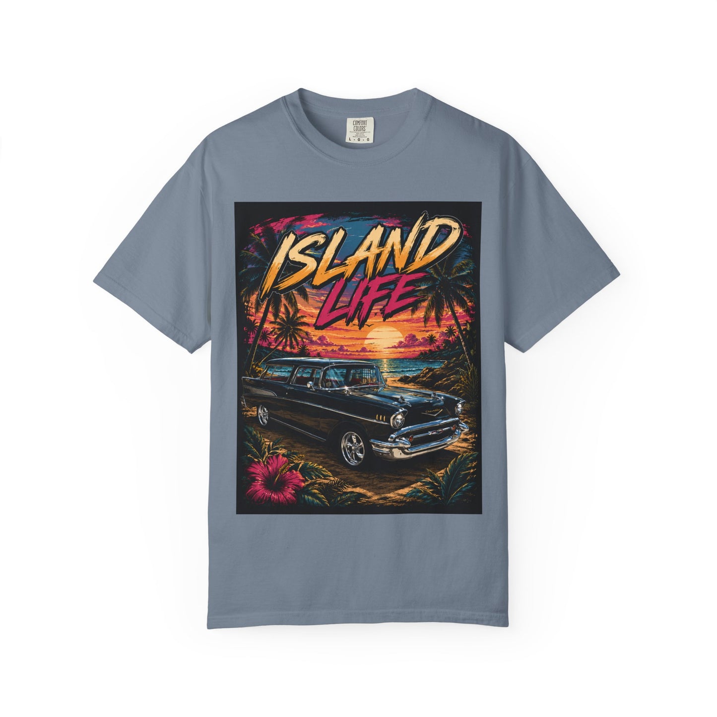 Island Life T-Shirt — Retro Beach Sunset with 57 Chevy Nomad
