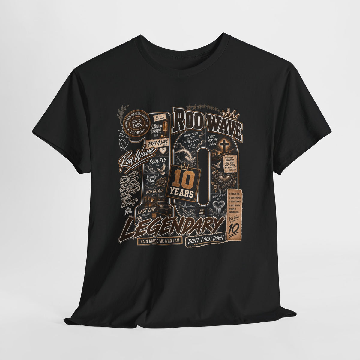 Rod Wave 10 Years Legendary – Pain, Purpose & Faith Hip-Hop Collage T-Shirt Design