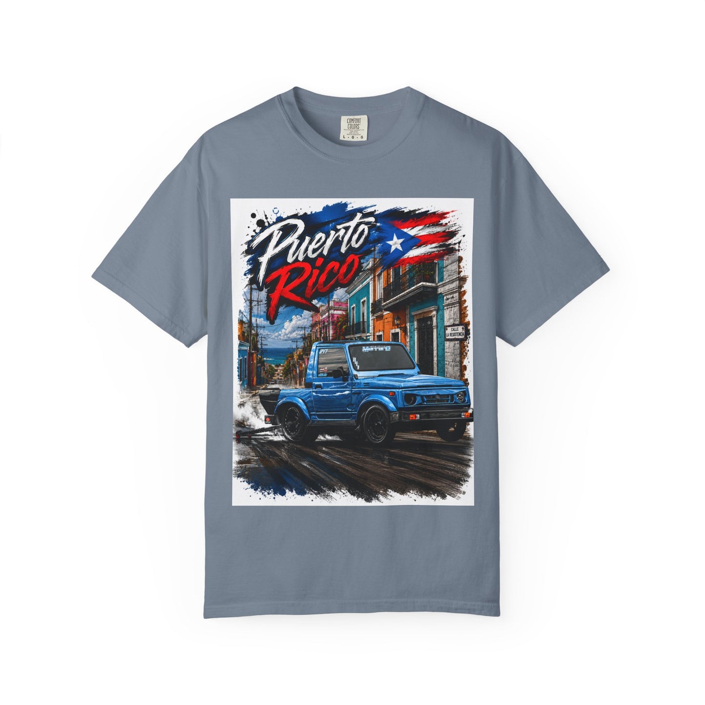 Puerto Rico Blue Samuri T-Shirt — Retro Island Flag Street Scene