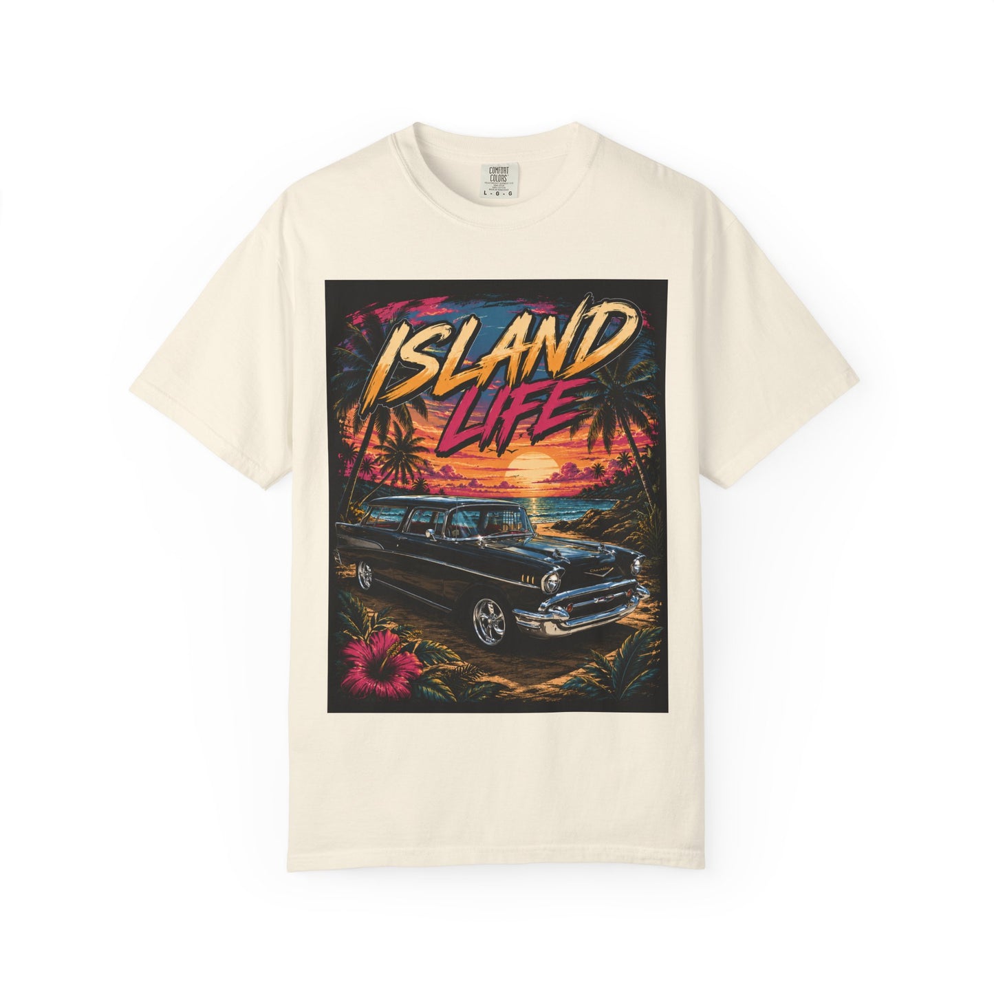 Island Life T-Shirt — Retro Beach Sunset with 57 Chevy Nomad