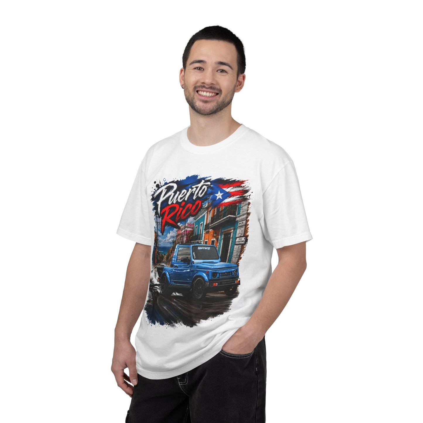 Puerto Rico Blue Samuri T-Shirt — Retro Island Flag Street Scene