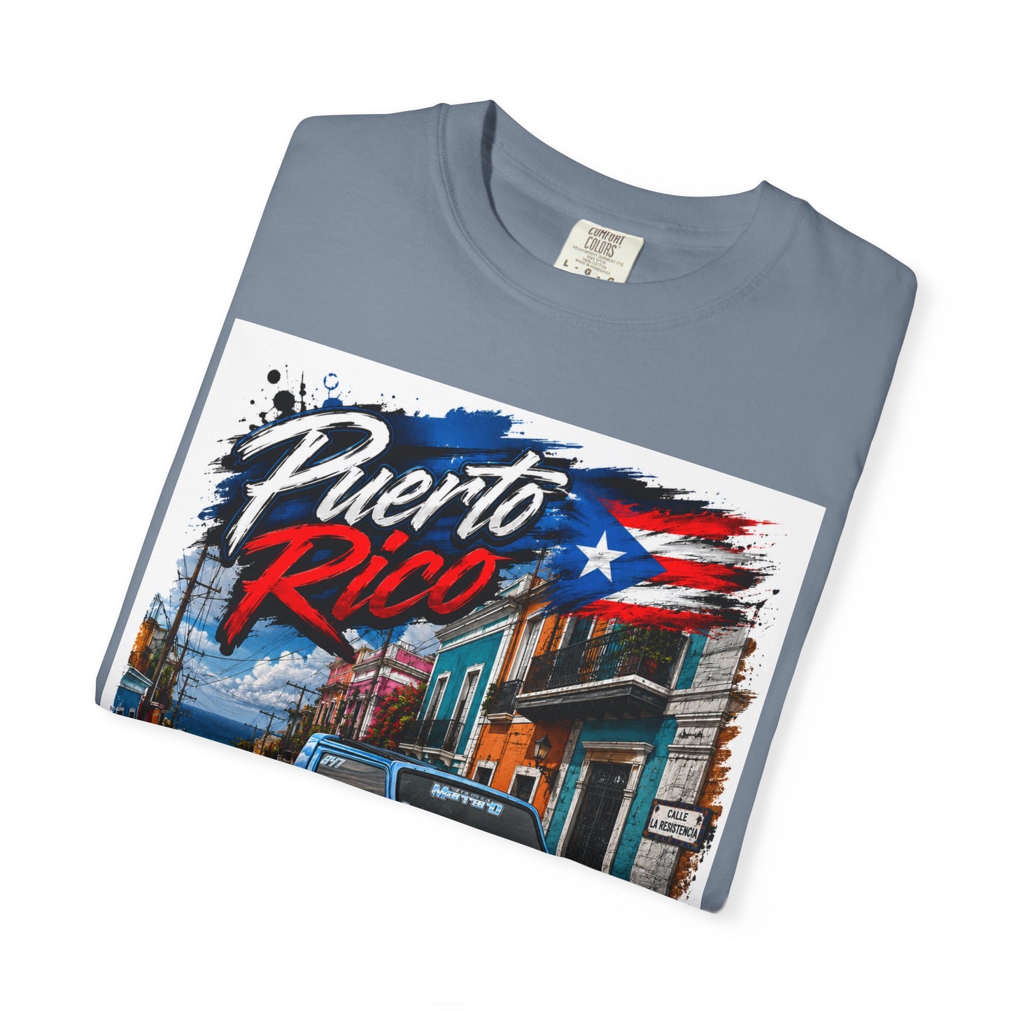 Puerto Rico Blue Samuri T-Shirt — Retro Island Flag Street Scene