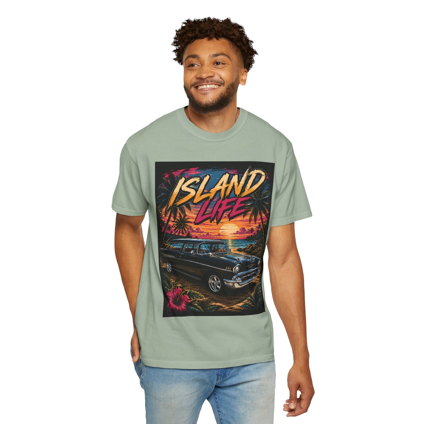 Island Life T-Shirt — Retro Beach Sunset with 57 Chevy Nomad