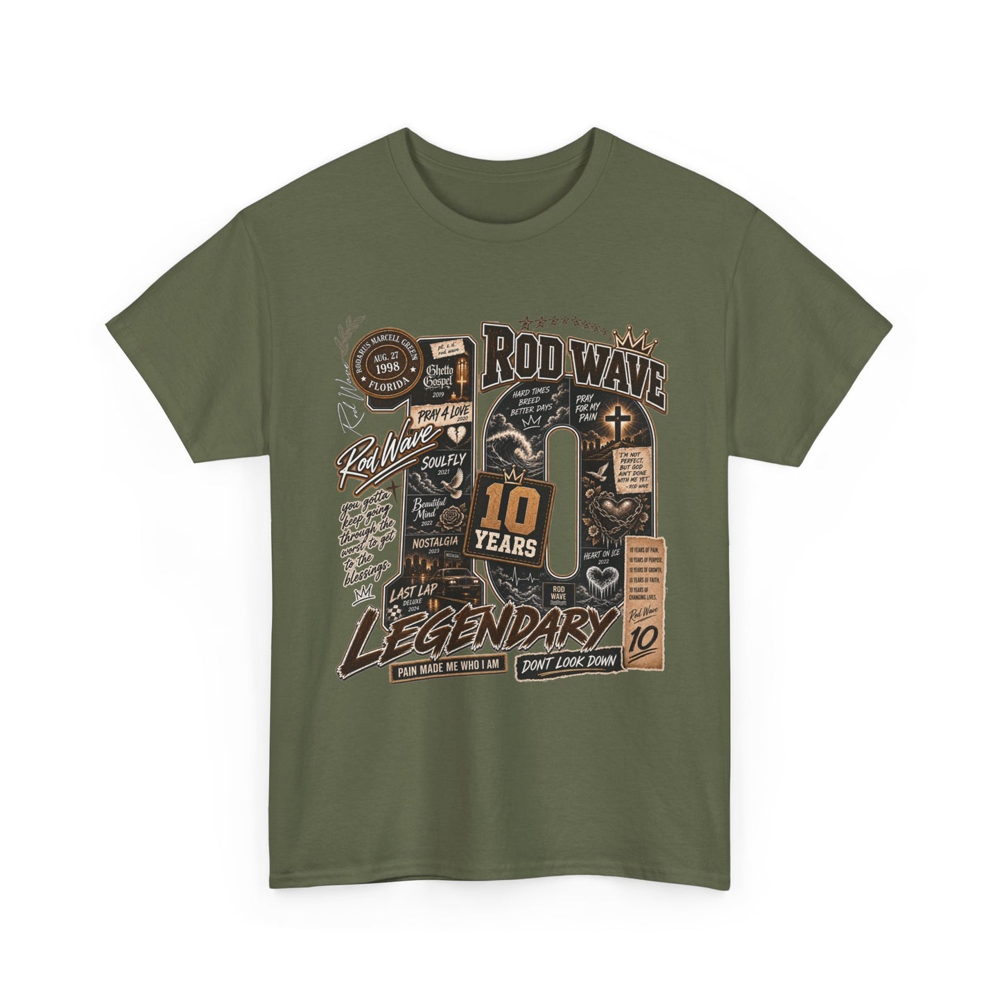 Rod Wave 10 Years Legendary – Pain, Purpose & Faith Hip-Hop Collage T-Shirt Design