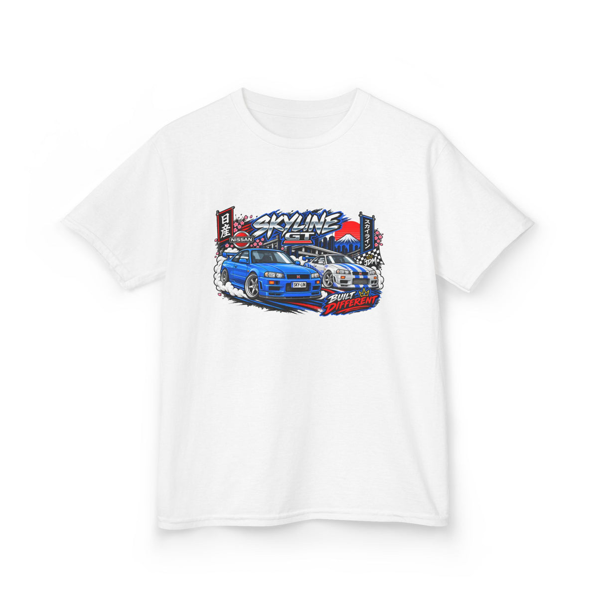 Kids Skyline Racecar T‑Shirt – Blue JDM Drift Design