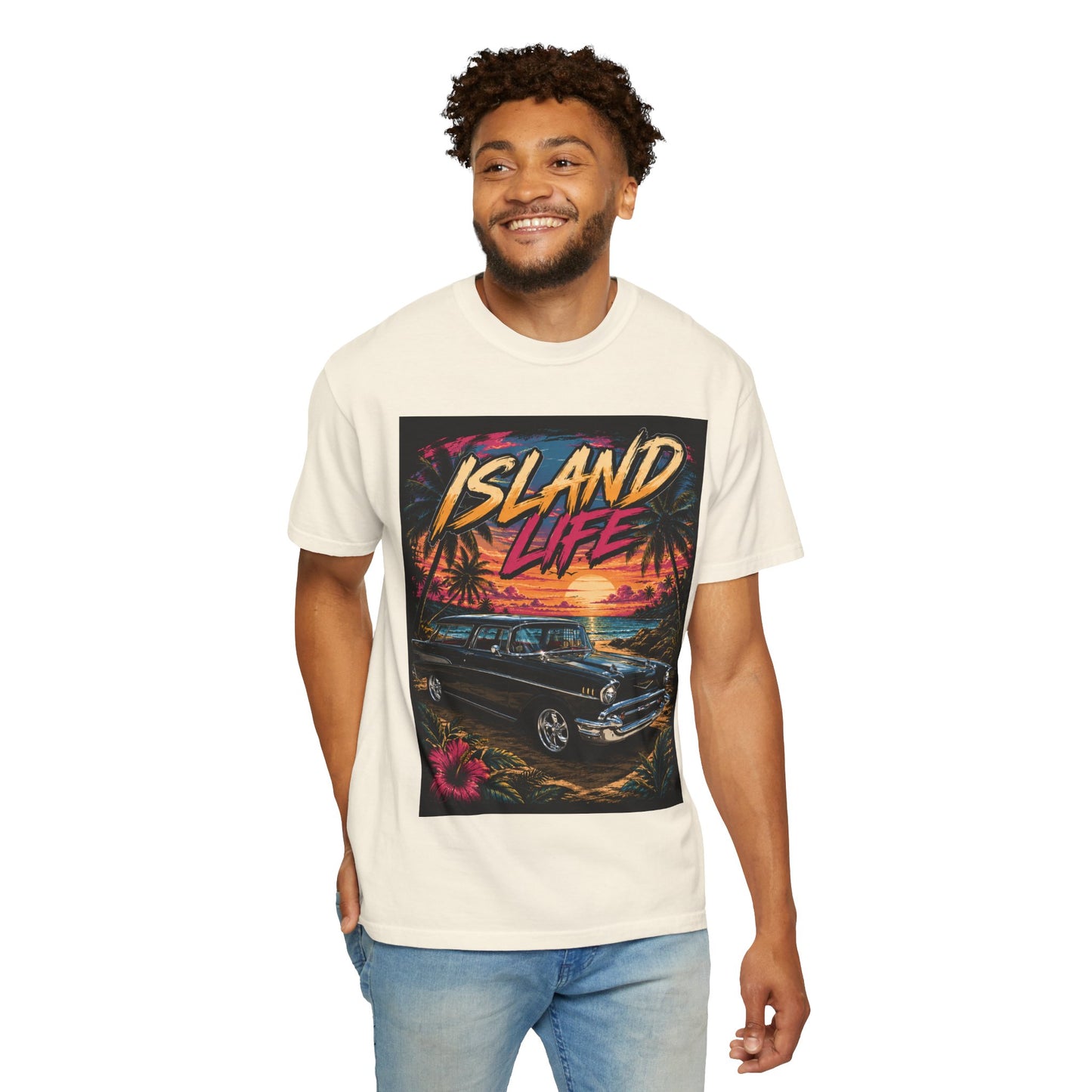 Island Life T-Shirt — Retro Beach Sunset with 57 Chevy Nomad