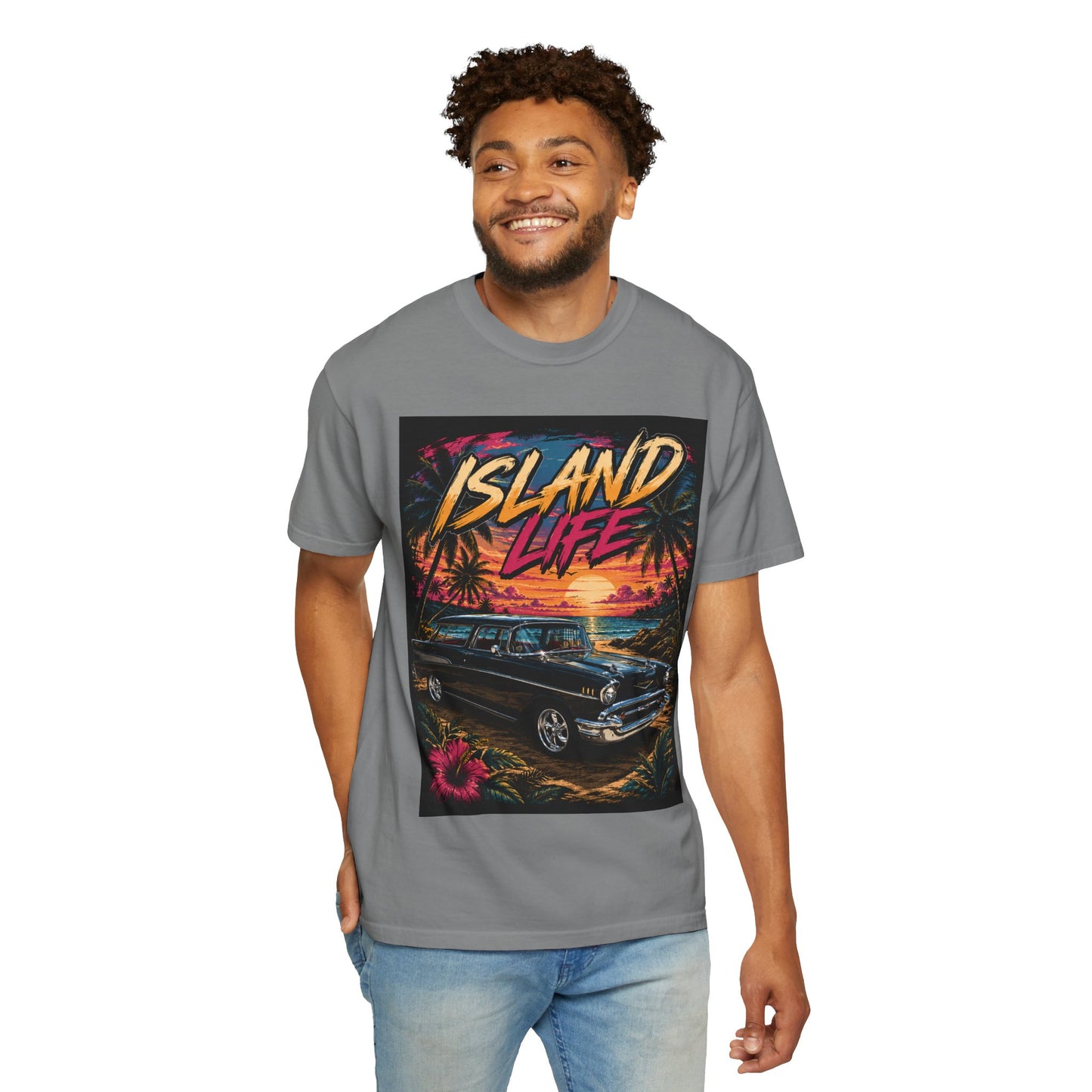 Island Life T-Shirt — Retro Beach Sunset with 57 Chevy Nomad