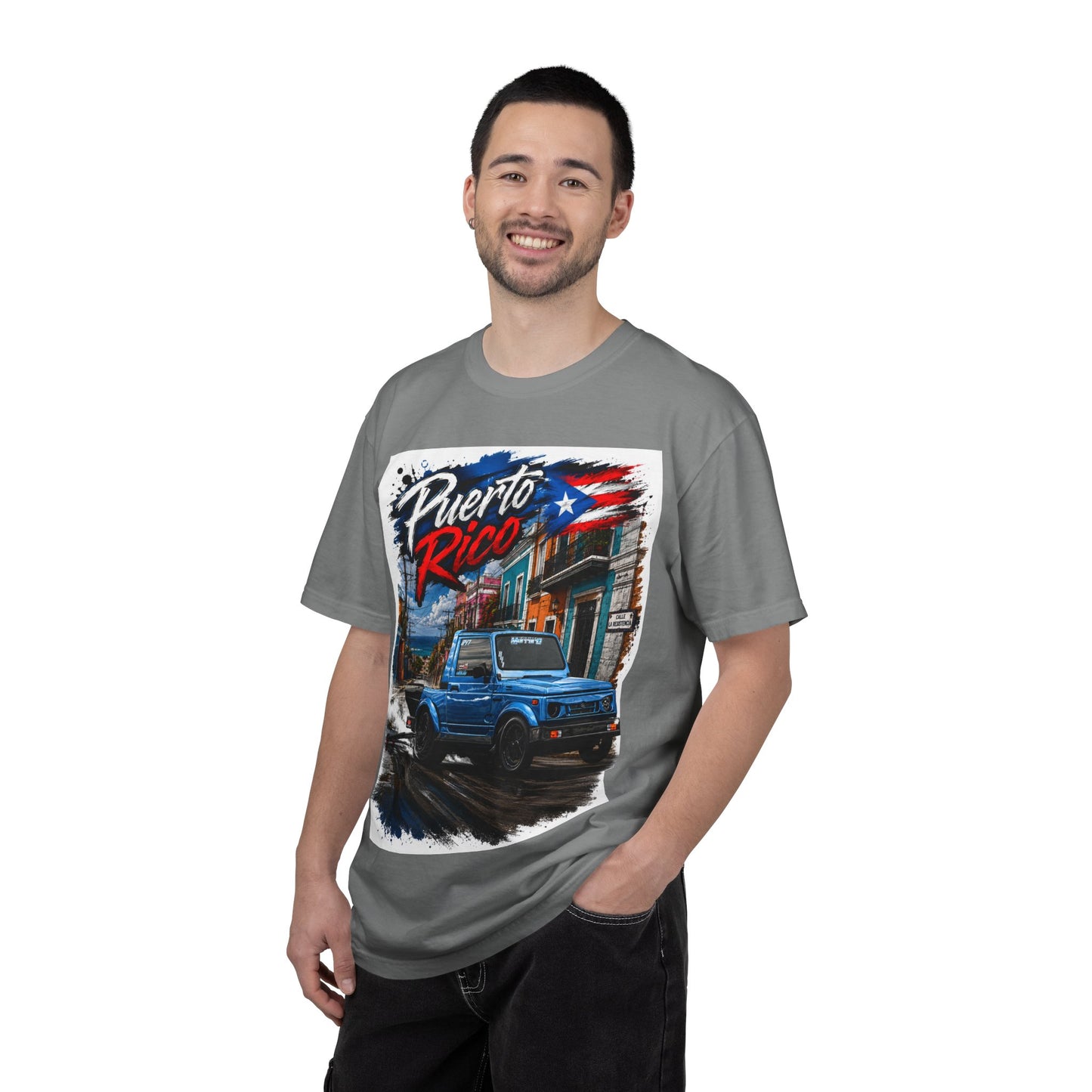 Puerto Rico Blue Samuri T-Shirt — Retro Island Flag Street Scene