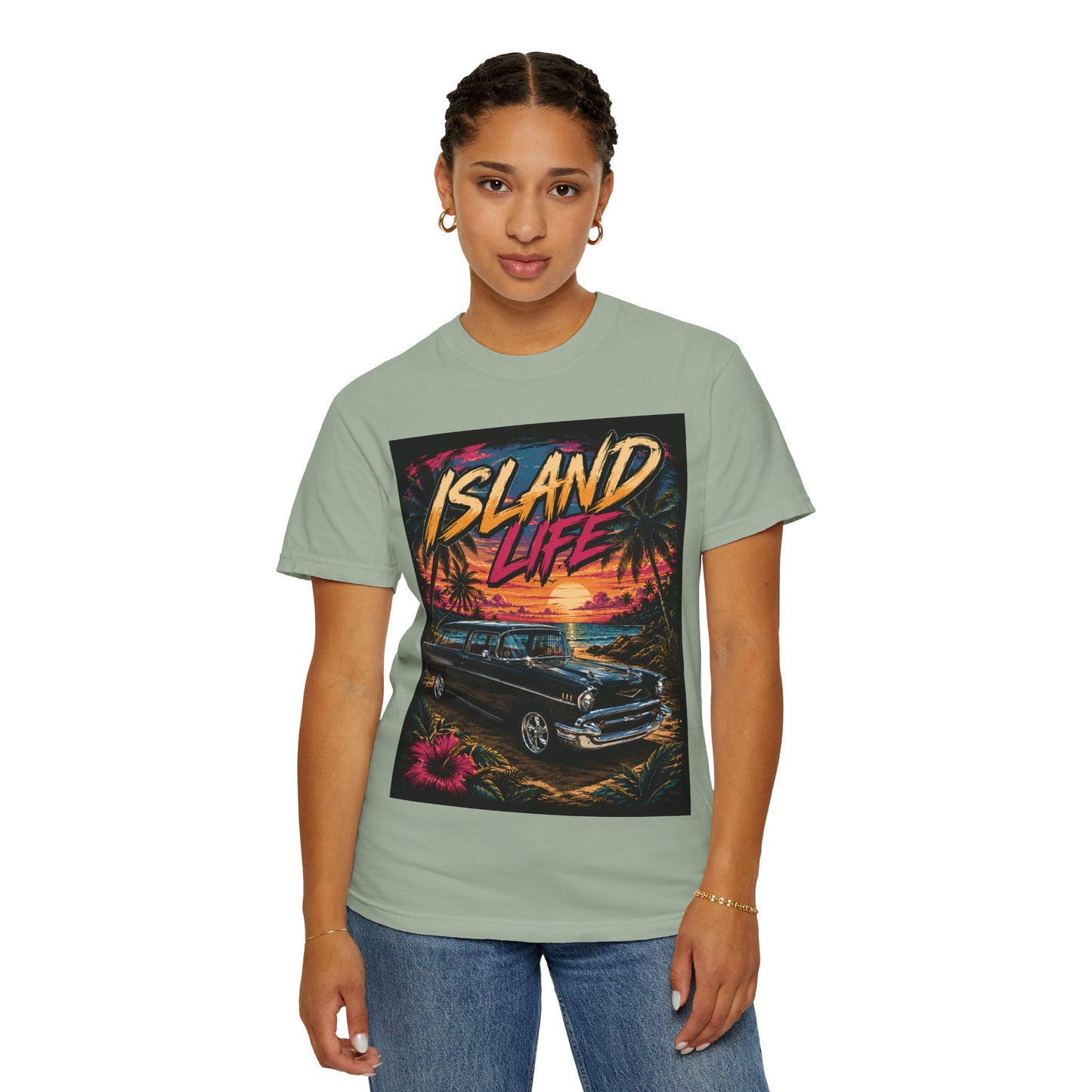 Island Life T-Shirt — Retro Beach Sunset with 57 Chevy Nomad