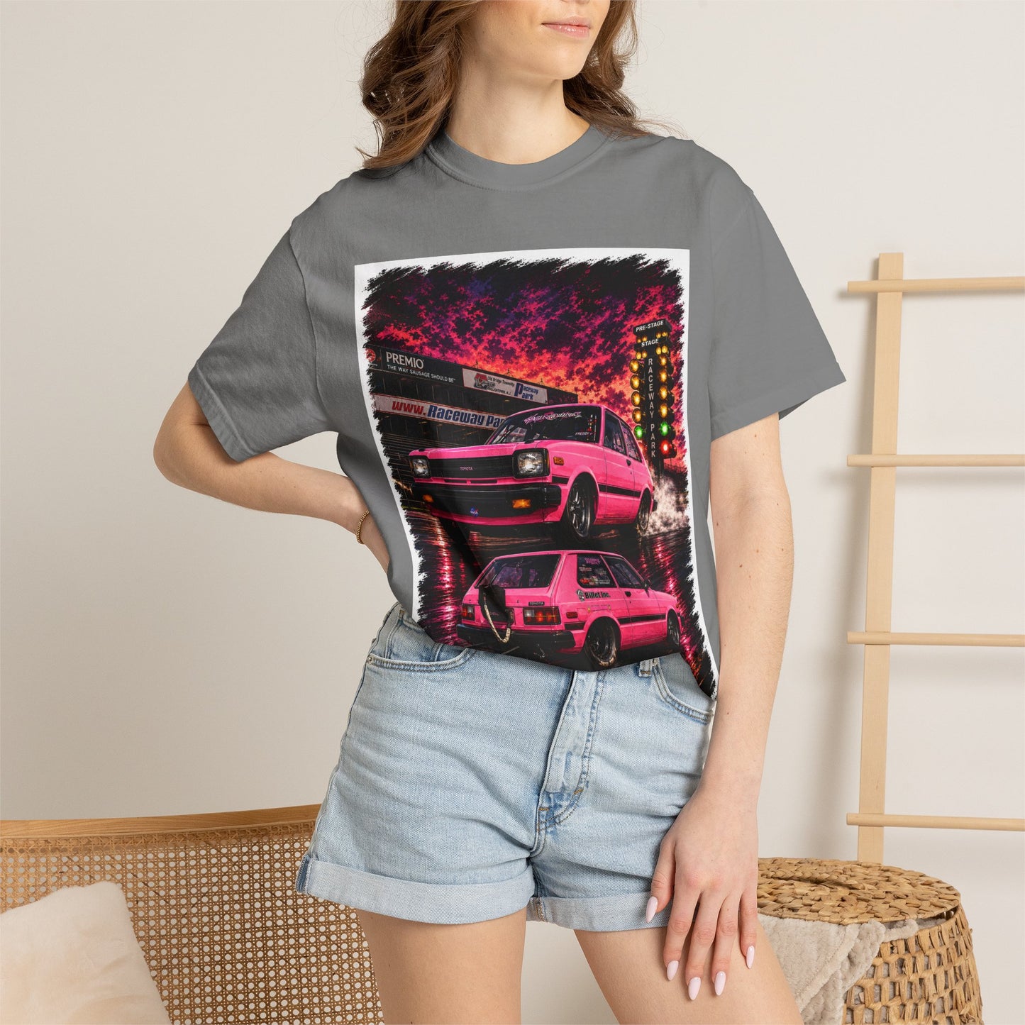 Retro Pink Starlet T-Shirt — Neon Pink Skyline Racing Graphic