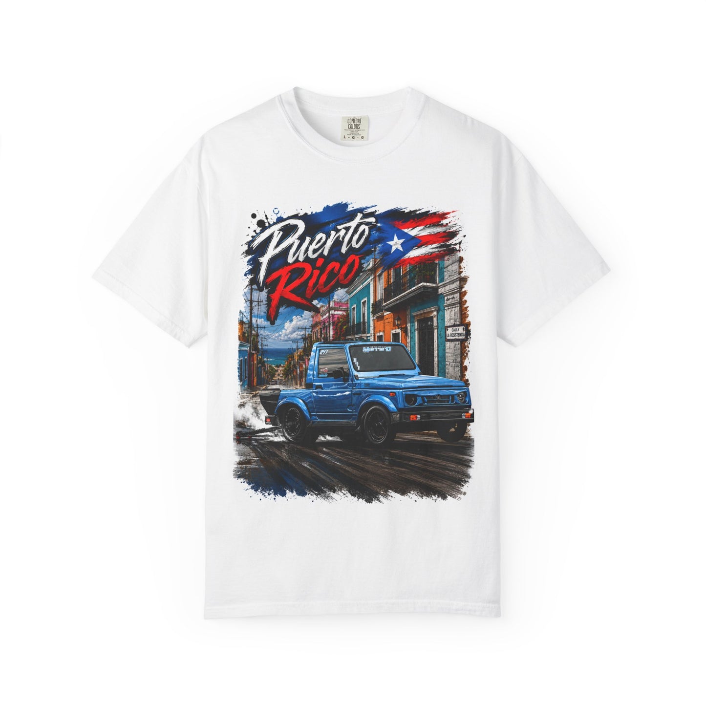 Puerto Rico Blue Samuri T-Shirt — Retro Island Flag Street Scene