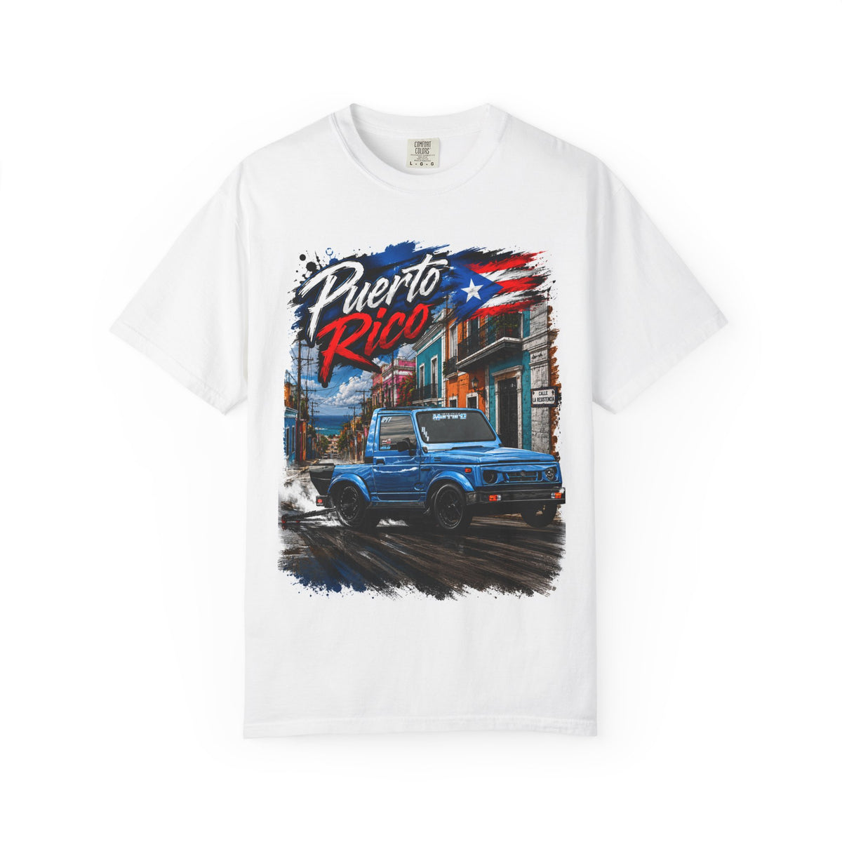 Puerto Rico Blue Samuri T-Shirt — Retro Island Flag Street Scene