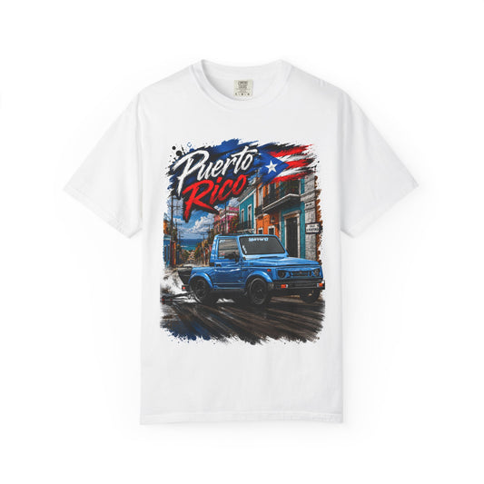 Puerto Rico Blue Samuri T-Shirt — Retro Island Flag Street Scene