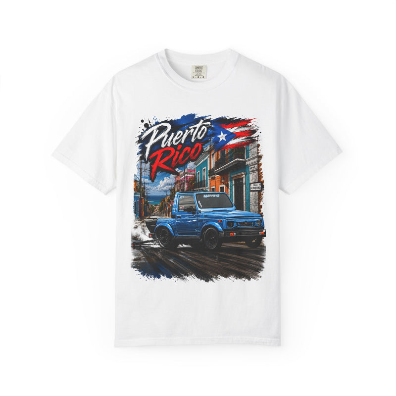 Puerto Rico Blue Samuri T-Shirt — Retro Island Flag Street Scene