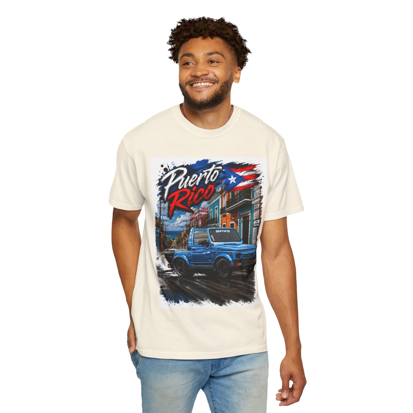 Puerto Rico Blue Samuri T-Shirt — Retro Island Flag Street Scene