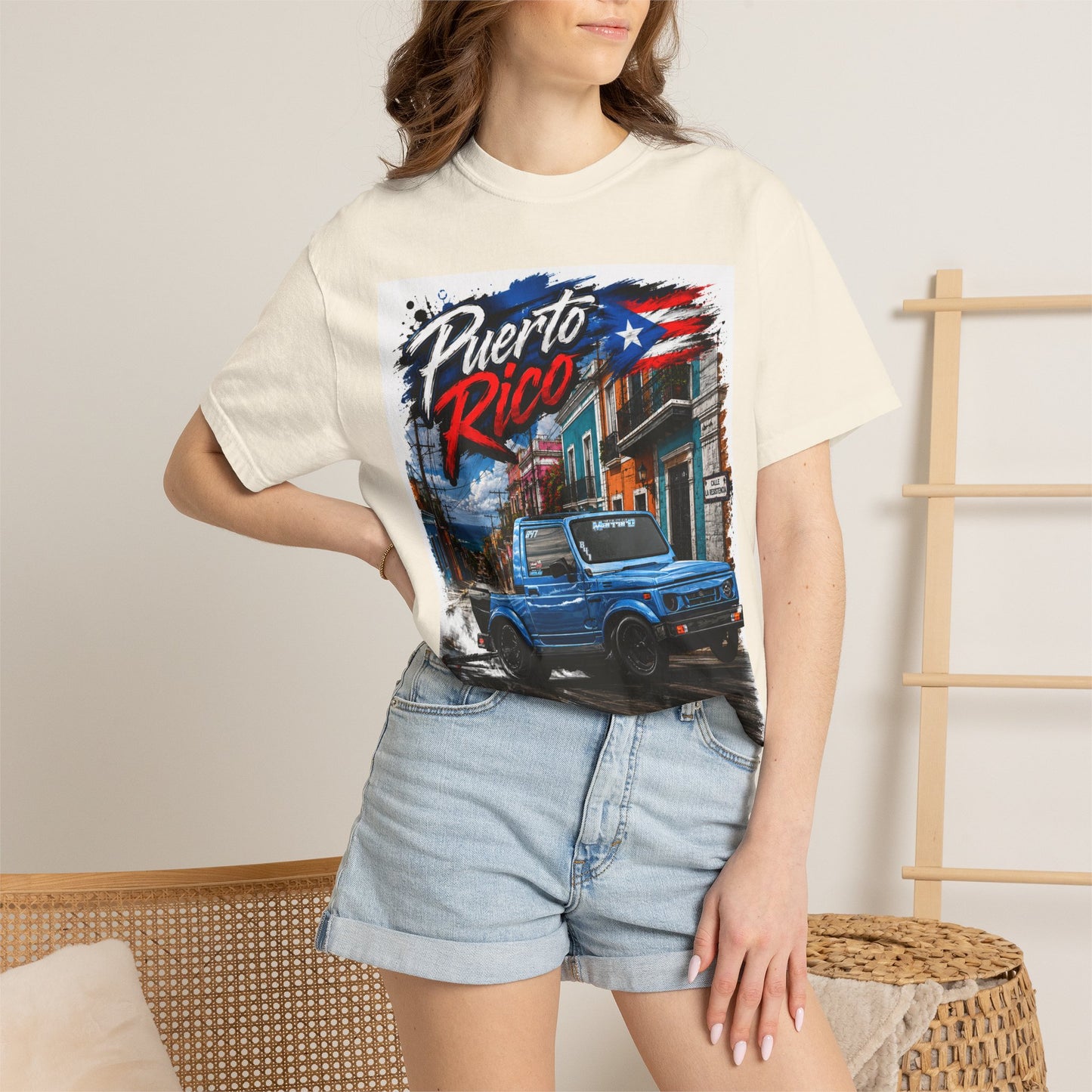 Puerto Rico Blue Samuri T-Shirt — Retro Island Flag Street Scene