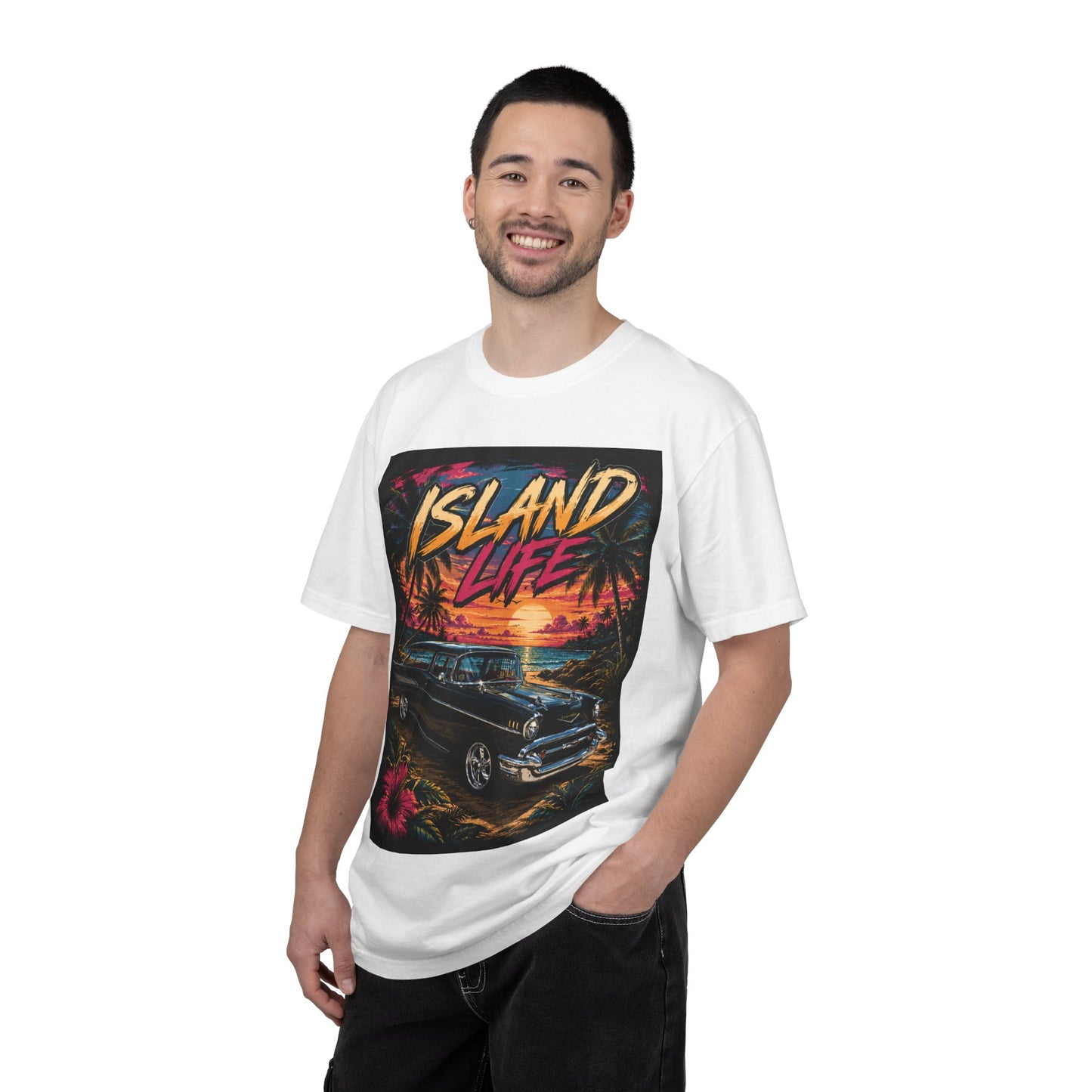 Island Life T-Shirt — Retro Beach Sunset with 57 Chevy Nomad