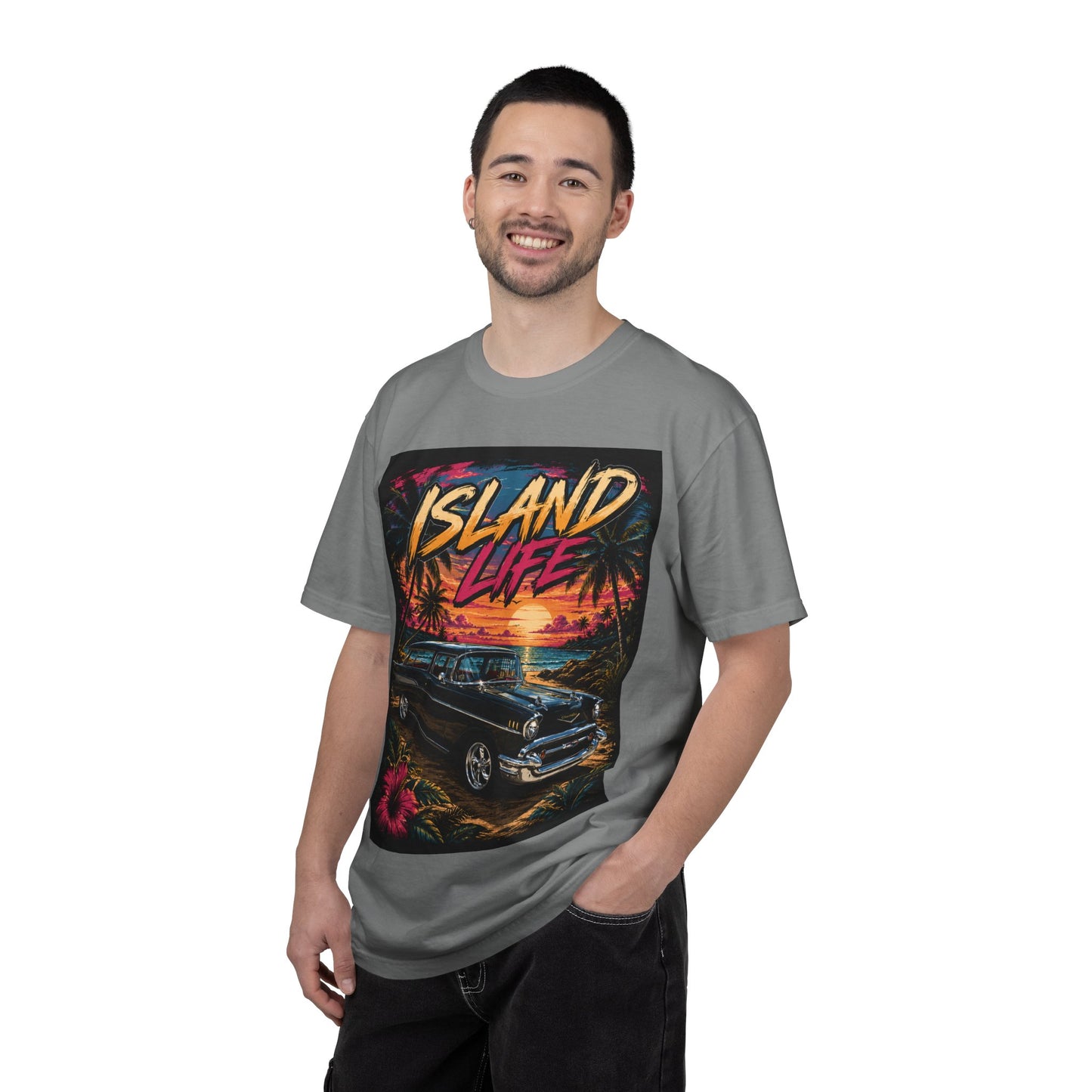 Island Life T-Shirt — Retro Beach Sunset with 57 Chevy Nomad