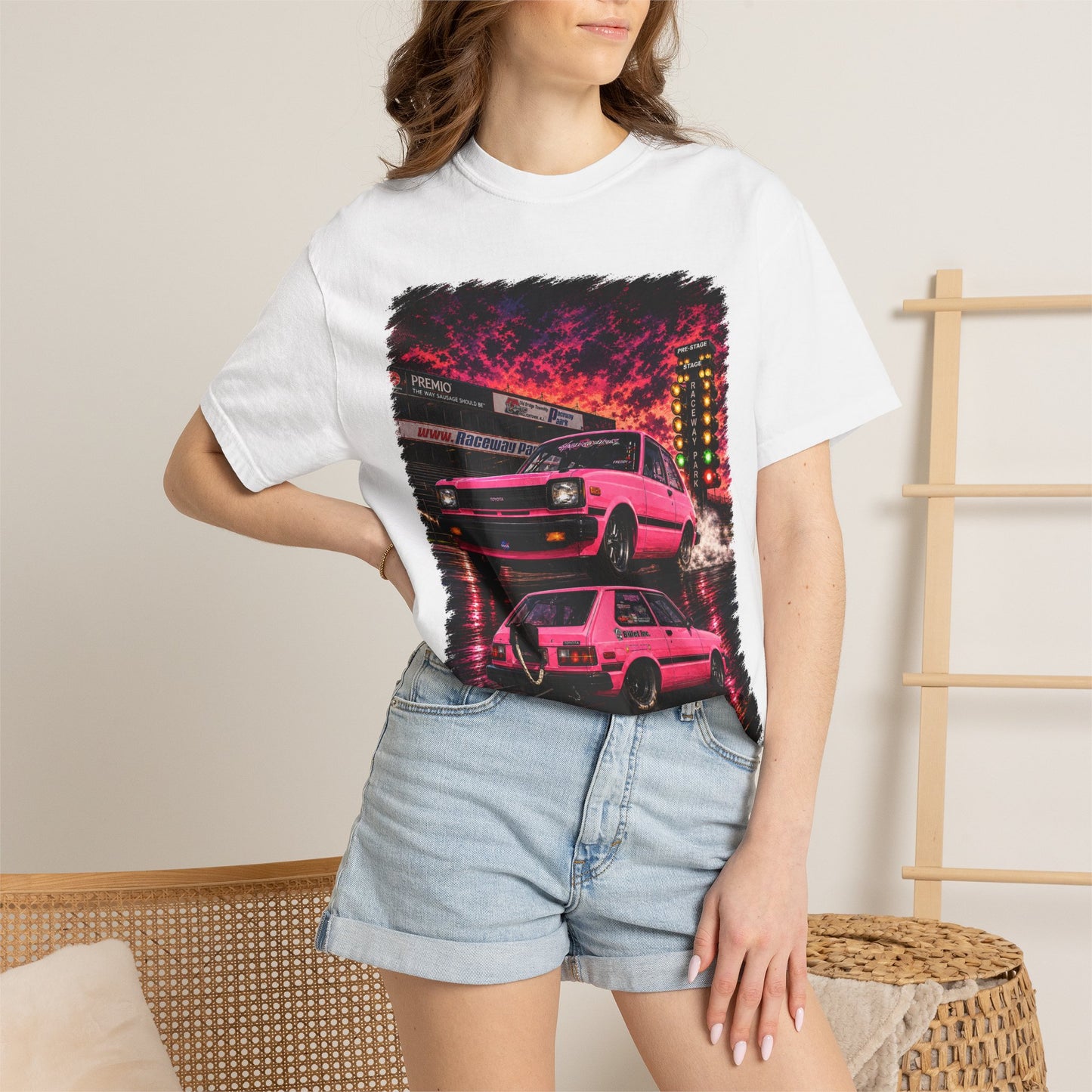 Retro Pink Starlet T-Shirt — Neon Pink Skyline Racing Graphic