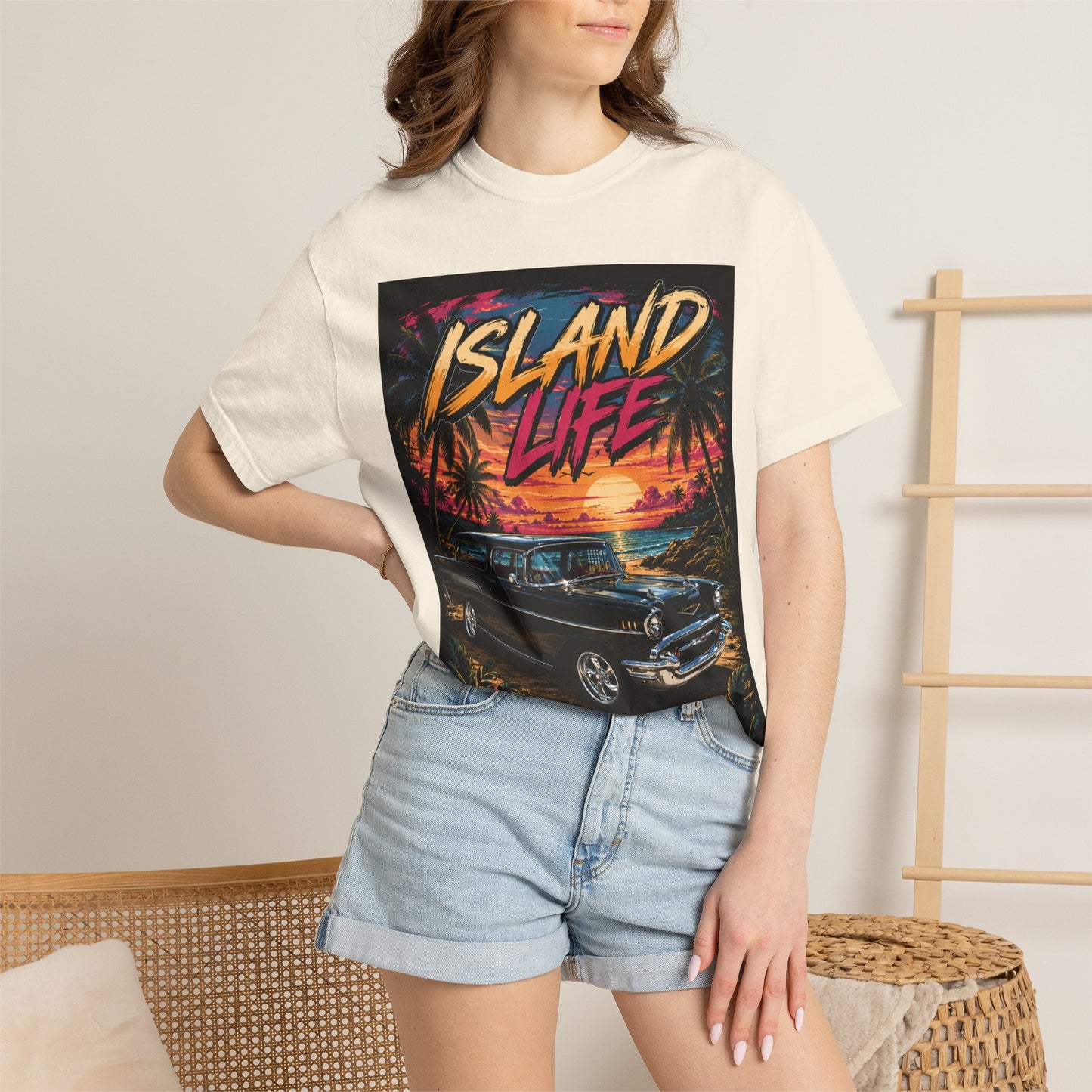 Island Life T-Shirt — Retro Beach Sunset with 57 Chevy Nomad