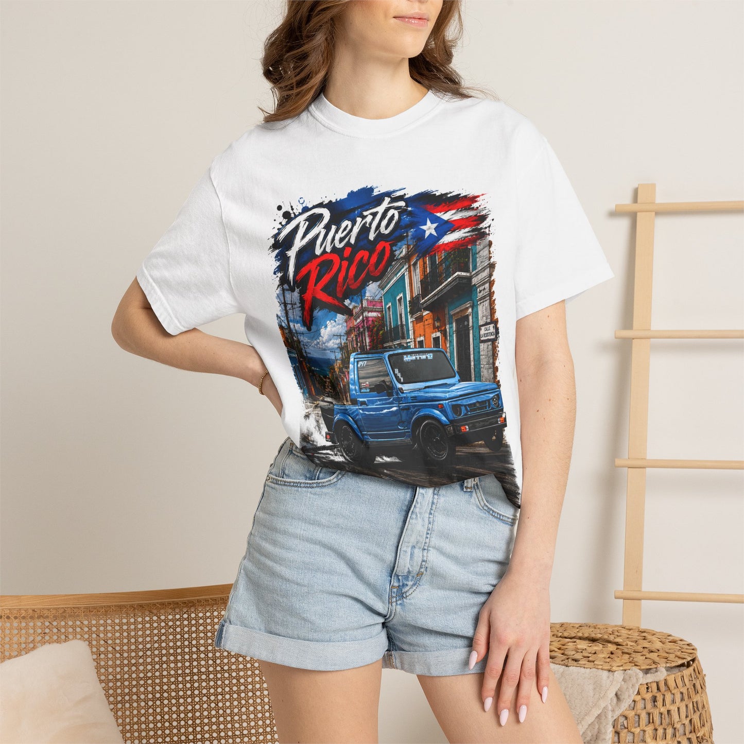 Puerto Rico Blue Samuri T-Shirt — Retro Island Flag Street Scene