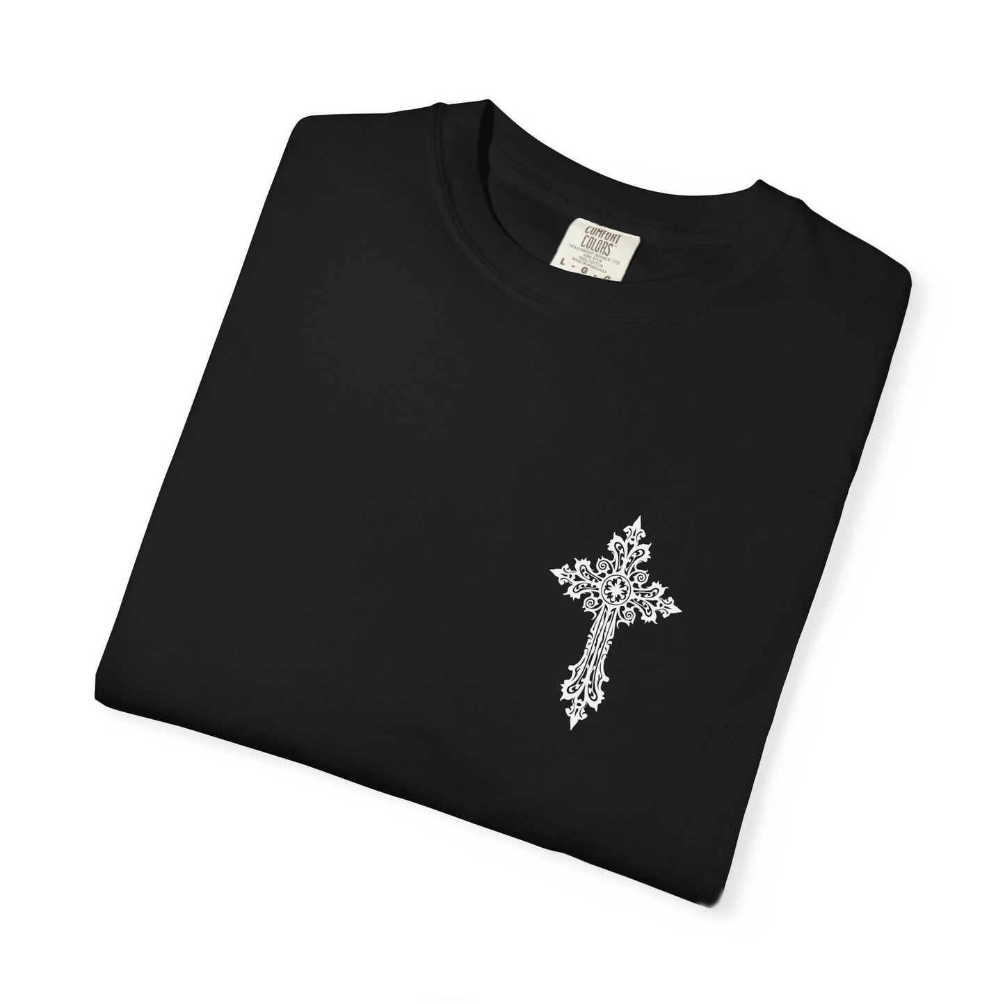 Religious Graphic T-Shirt — Praying Madonna with Roses & Ornate Cross