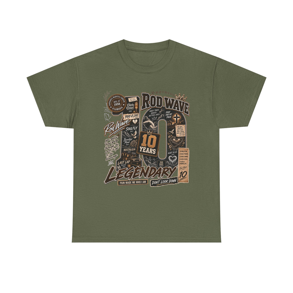 Rod Wave 10 Years Legendary – Pain, Purpose & Faith Hip-Hop Collage T-Shirt Design