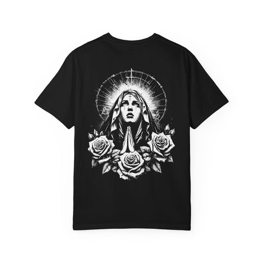 Religious Graphic T-Shirt — Praying Madonna with Roses & Ornate Cross