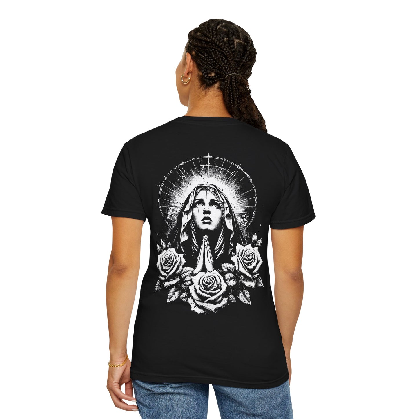 Religious Graphic T-Shirt — Praying Madonna with Roses & Ornate Cross