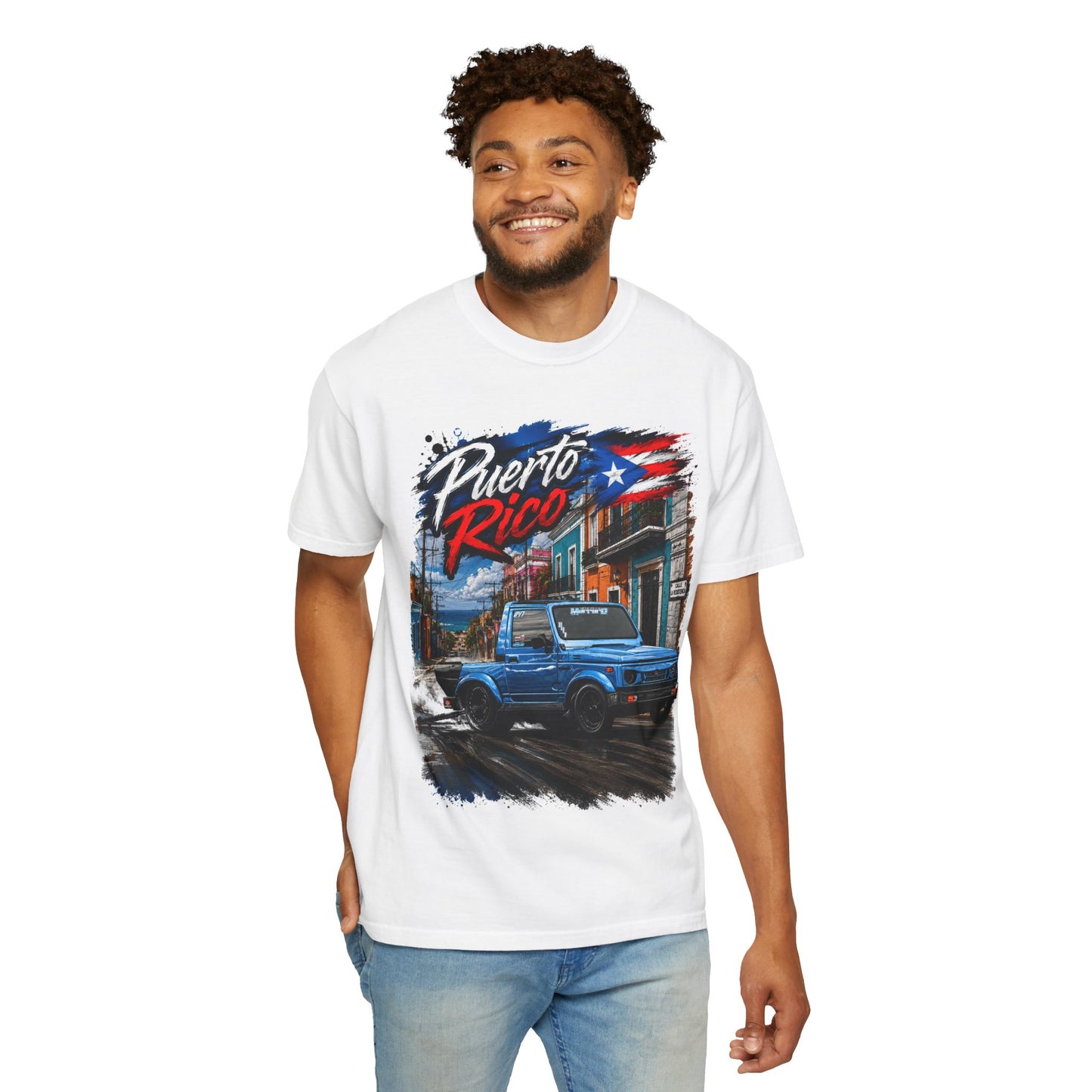 Puerto Rico Blue Samuri T-Shirt — Retro Island Flag Street Scene