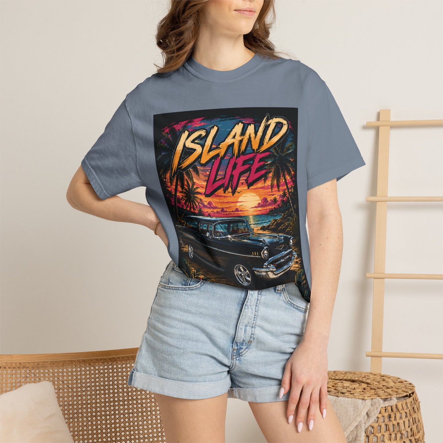 Island Life T-Shirt — Retro Beach Sunset with 57 Chevy Nomad