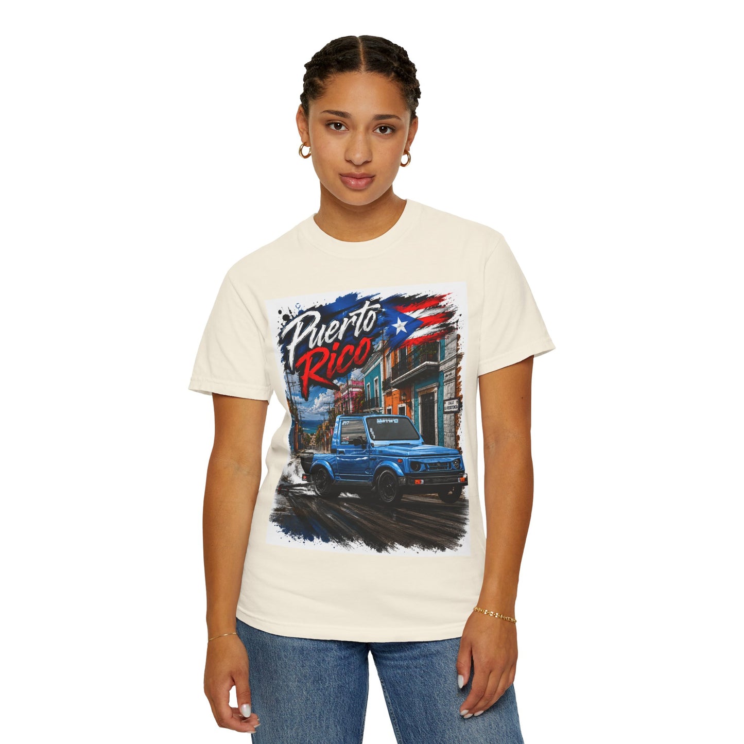 Puerto Rico Blue Samuri T-Shirt — Retro Island Flag Street Scene