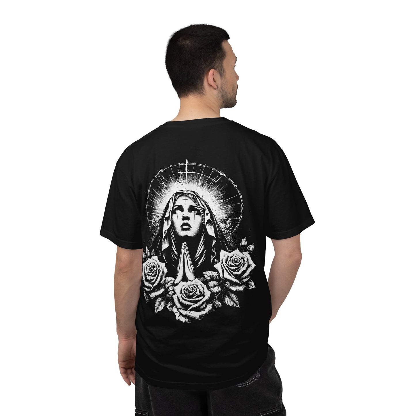 Religious Graphic T-Shirt — Praying Madonna with Roses & Ornate Cross