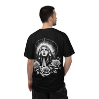 Religious Graphic T-Shirt — Praying Madonna with Roses & Ornate Cross