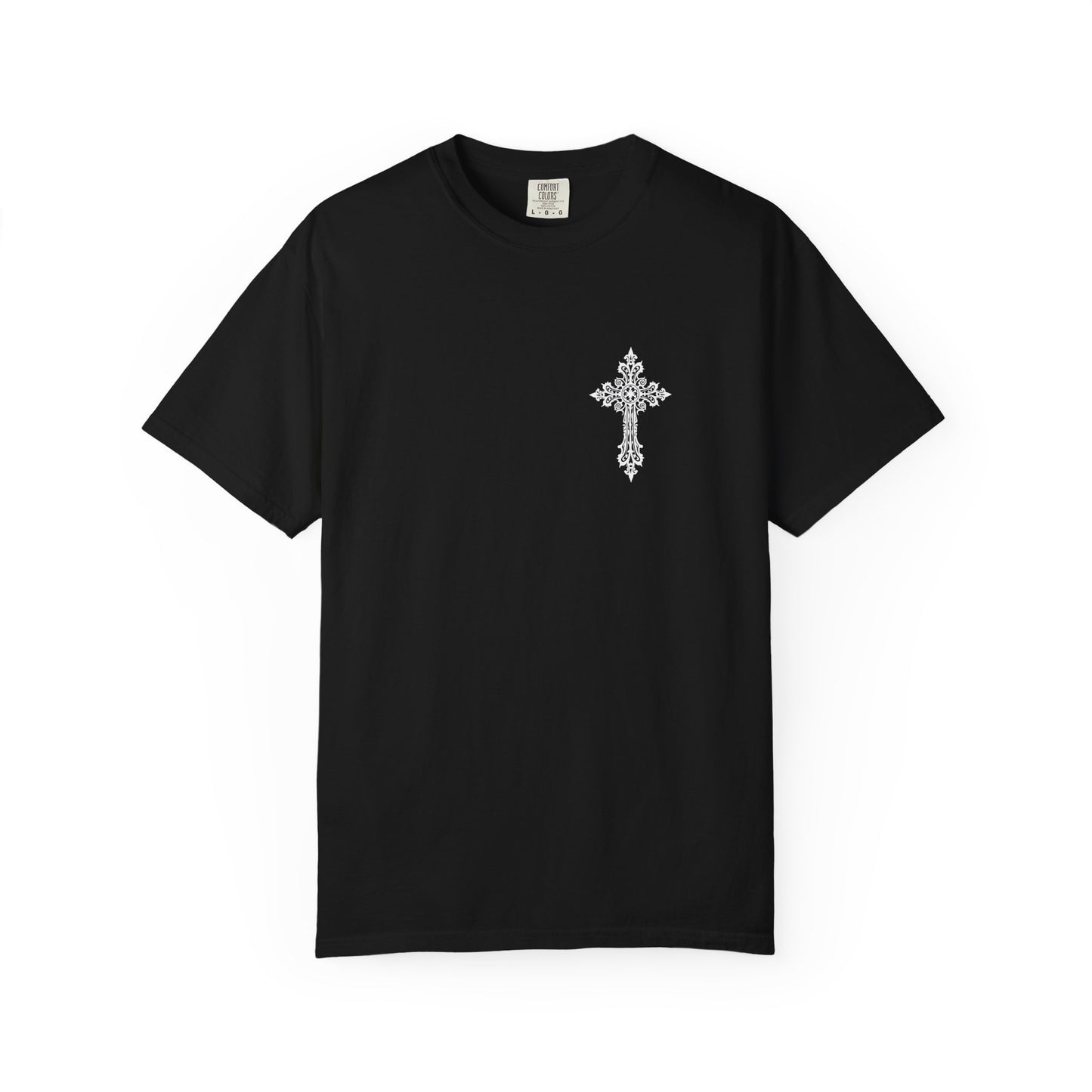 Religious Graphic T-Shirt — Praying Madonna with Roses & Ornate Cross