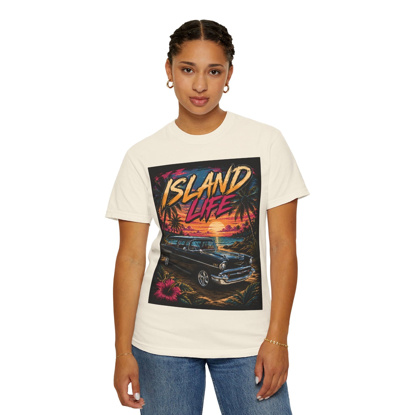 Island Life T-Shirt — Retro Beach Sunset with 57 Chevy Nomad