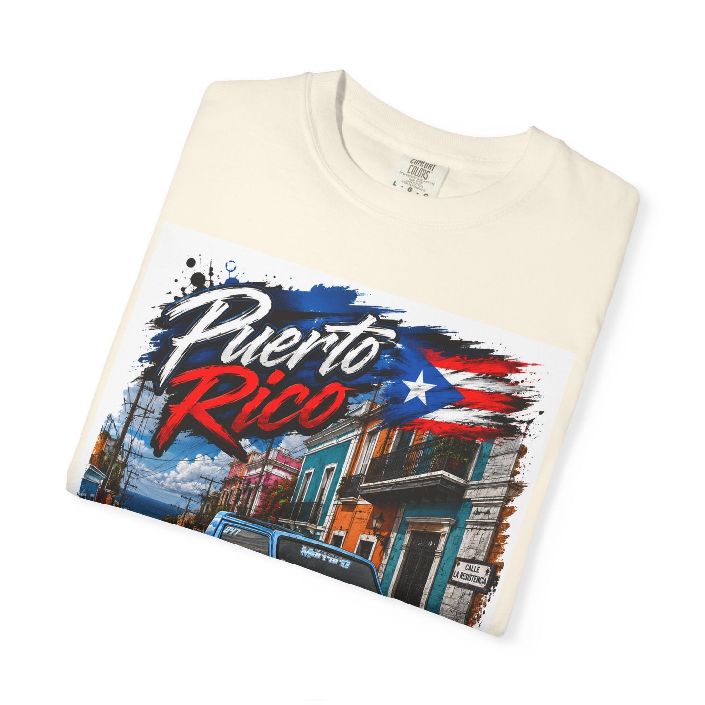 Puerto Rico Blue Samuri T-Shirt — Retro Island Flag Street Scene