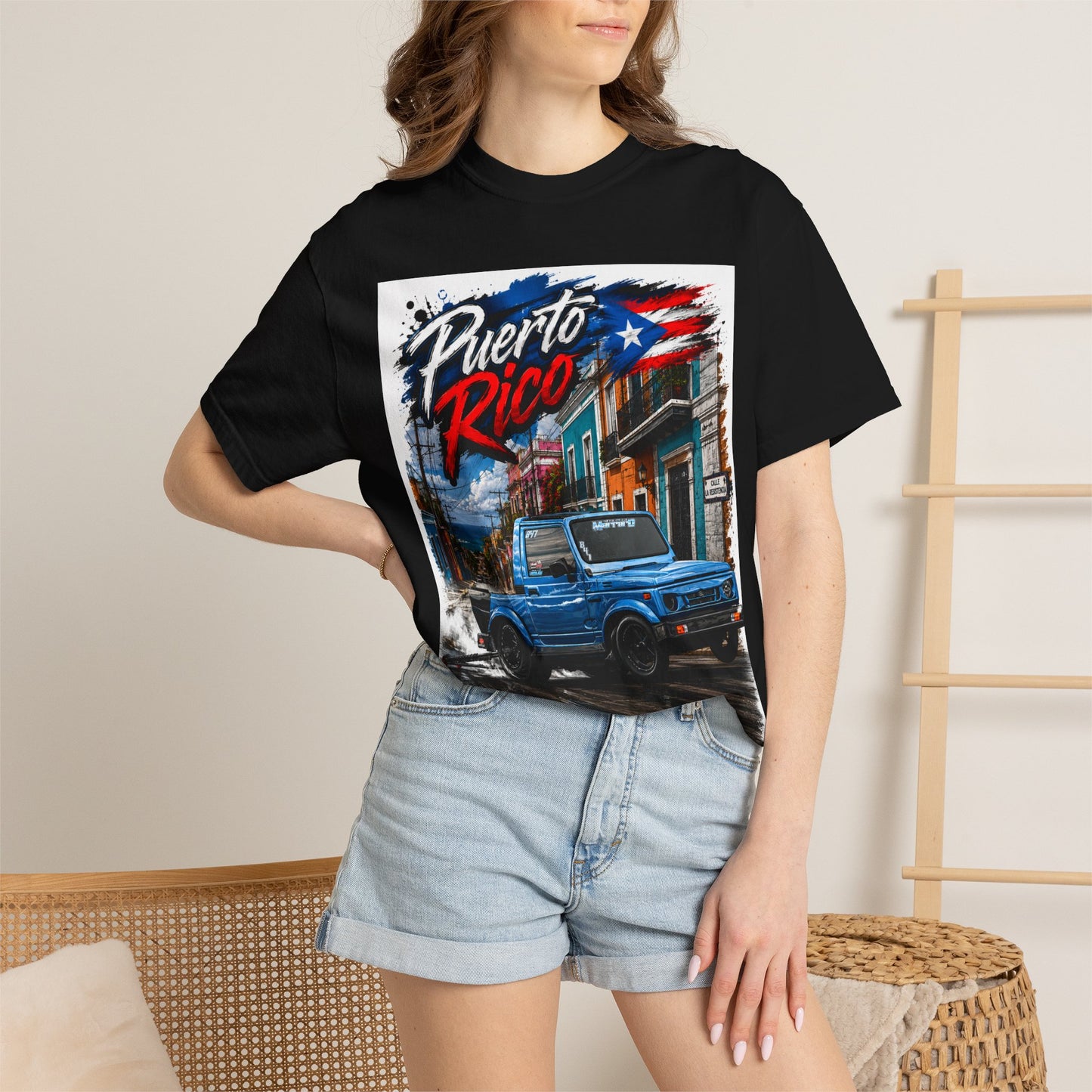 Puerto Rico Blue Samuri T-Shirt — Retro Island Flag Street Scene