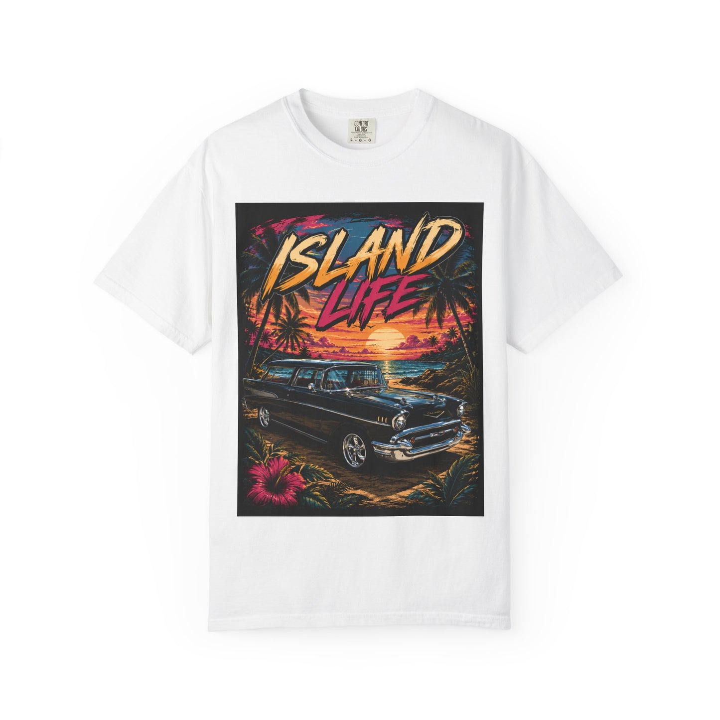 Island Life T-Shirt — Retro Beach Sunset with 57 Chevy Nomad