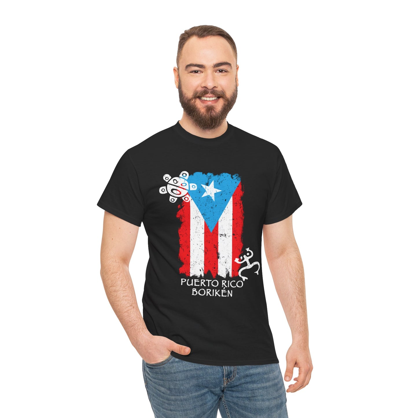 Puerto Rico Borikén Flag Tee — Taíno Petroglyph Heritage Vintage