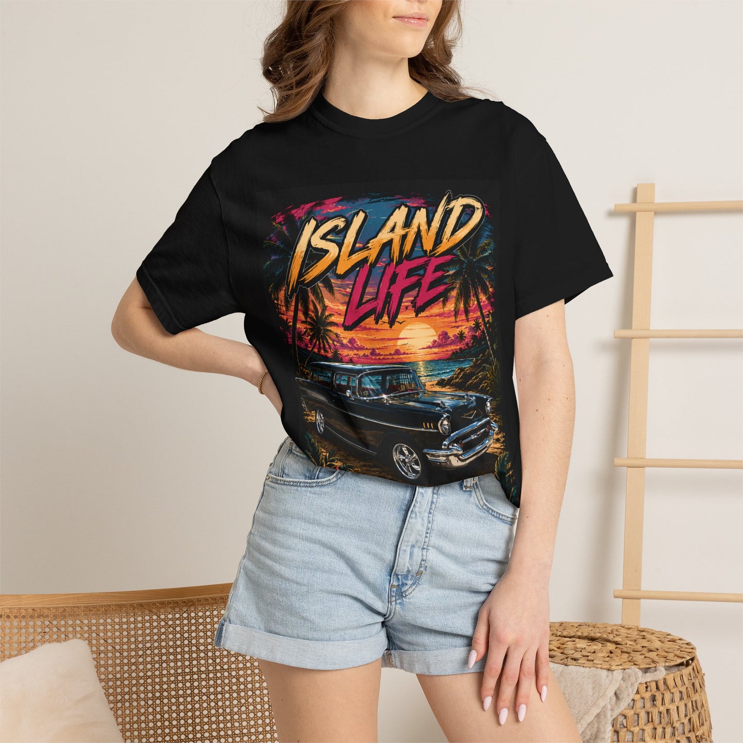 Island Life T-Shirt — Retro Beach Sunset with 57 Chevy Nomad