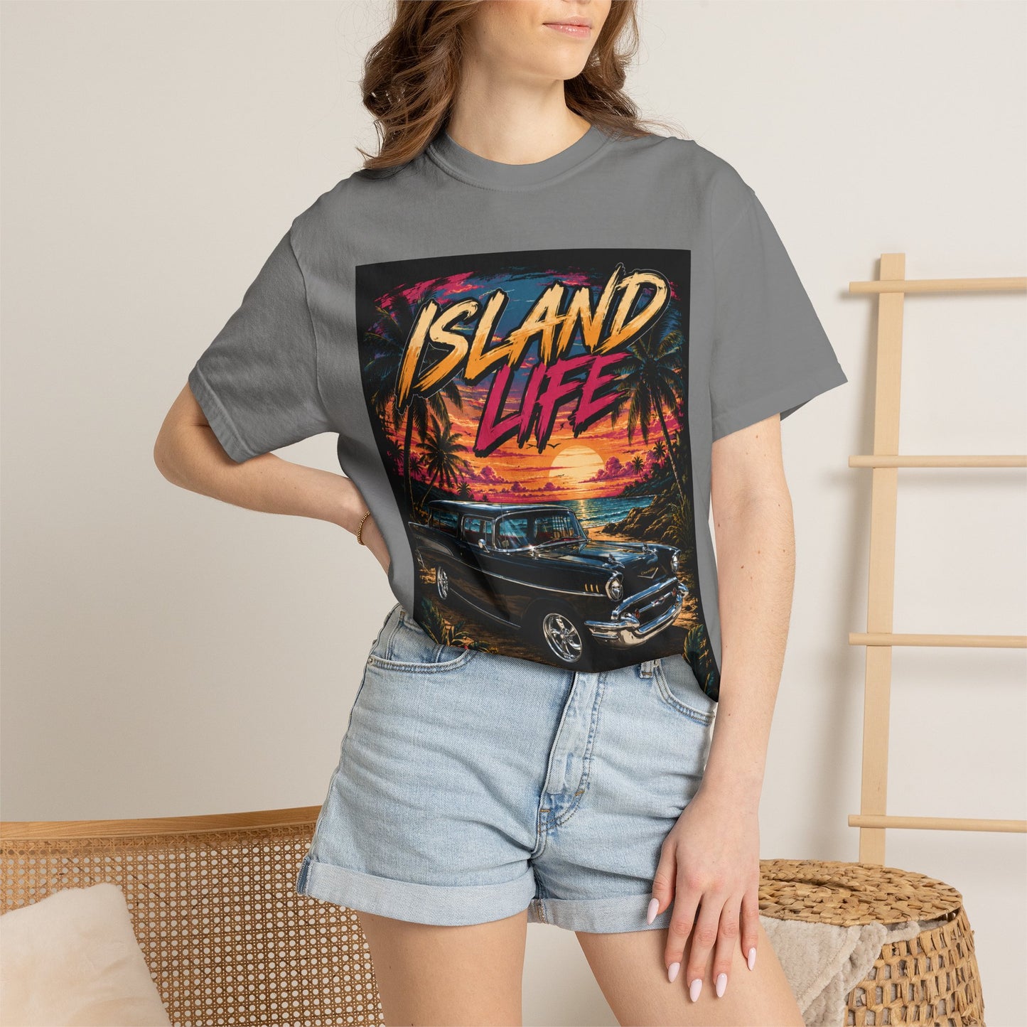 Island Life T-Shirt — Retro Beach Sunset with 57 Chevy Nomad