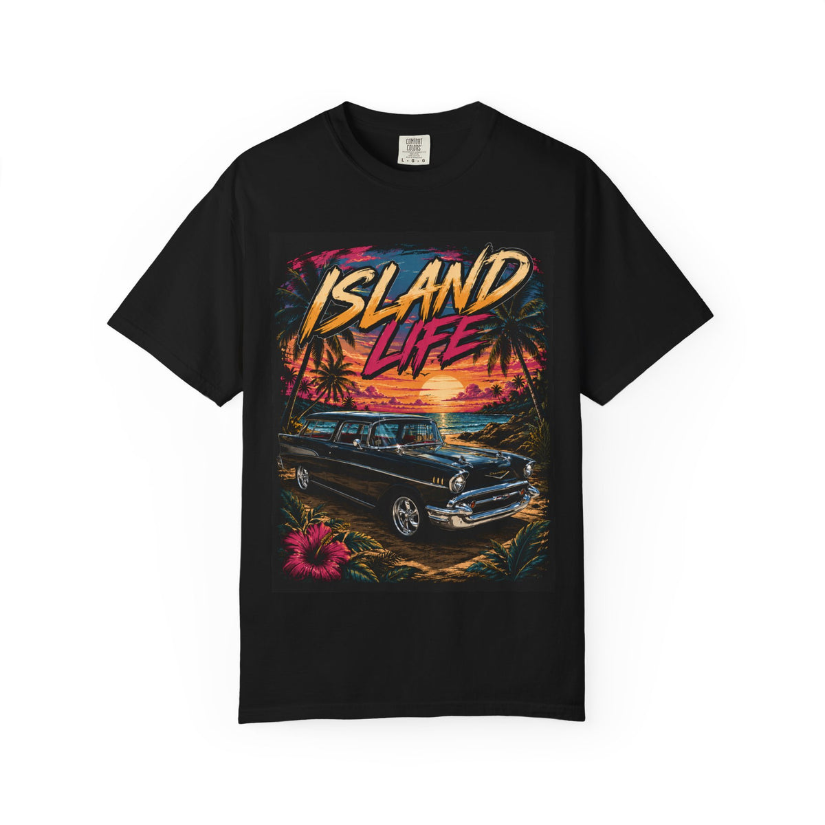 Island Life T-Shirt — Retro Beach Sunset with 57 Chevy Nomad