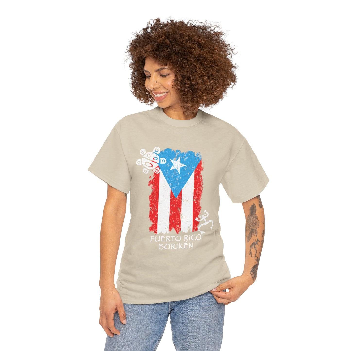 Puerto Rico Borikén Flag Tee — Taíno Petroglyph Heritage Vintage