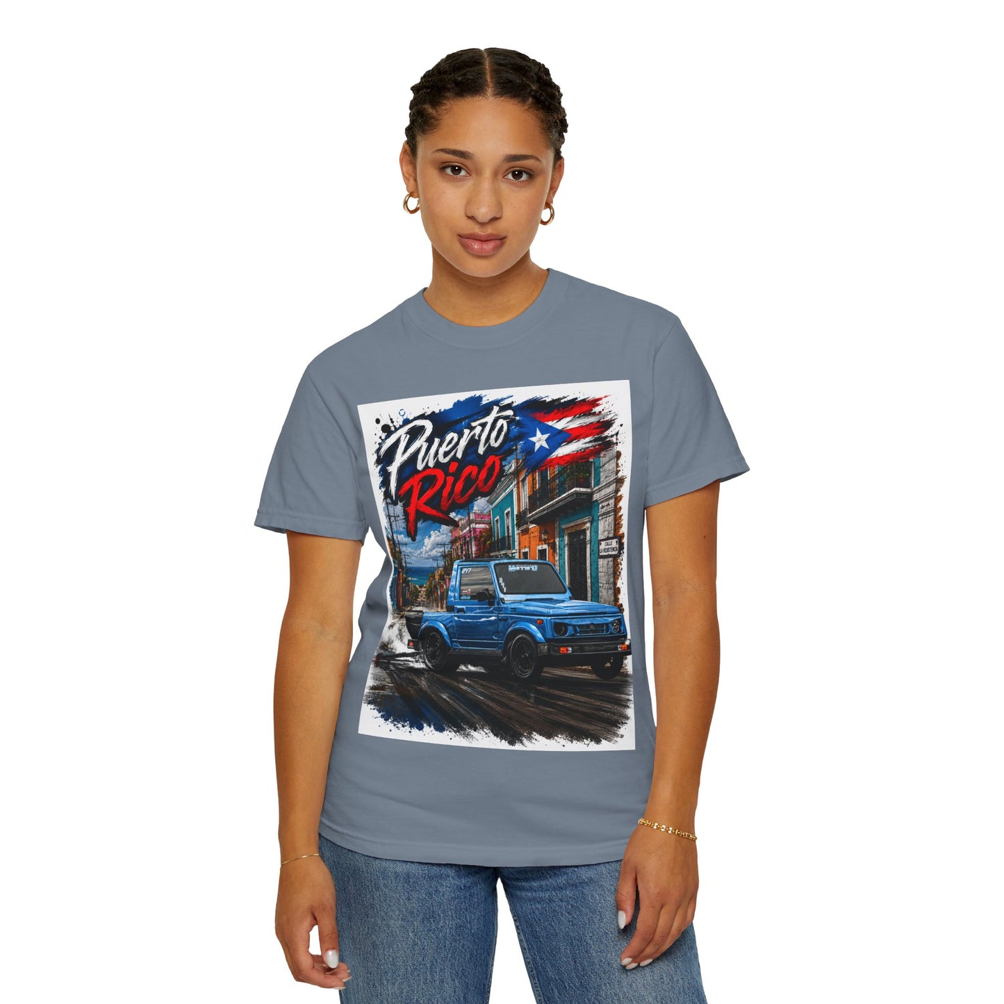 Puerto Rico Blue Samuri T-Shirt — Retro Island Flag Street Scene